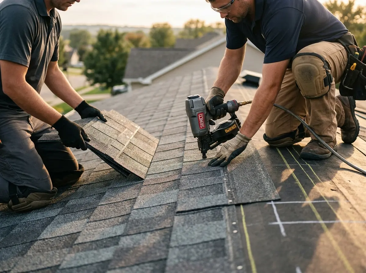 Professional roofer working on a residential roof in Hapeville
